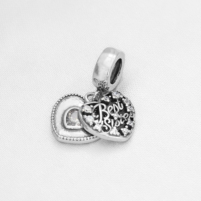 Berloque de Prata Symbol Coração Duplo Best Sister com Zircônia Cristal