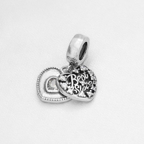 Berloque de Prata Symbol Coração Duplo Best Sister com Zircônia Cristal