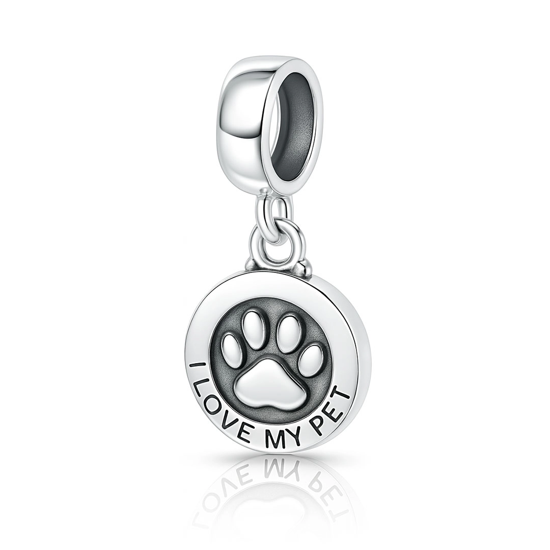 Berloque de Prata Medalha com Pata  "I Love My Pet"