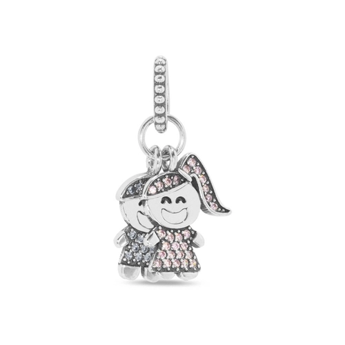 Berloque de Prata Menino e Menina com Zircônia Cristal e Zircônia Rosa