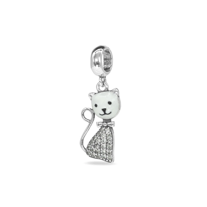 Berloque de Prata Balanço Gato Branco Esmaltado com Zircônia Cristal