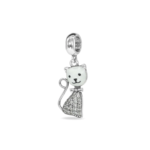 Berloque de Prata Balanço Gato Branco Esmaltado com Zircônia Cristal