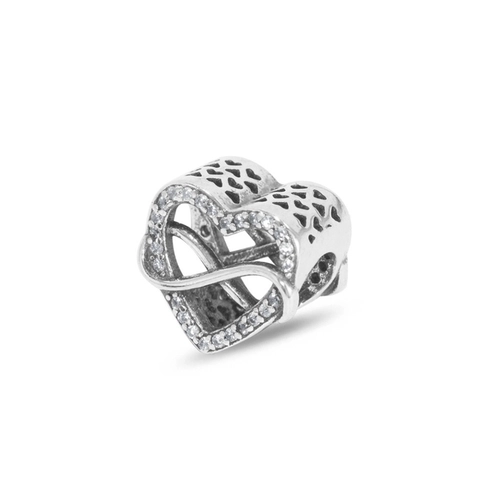 Berloque de Prata Symbol Coração com Símbolo do Infinito e Zircônia Cristal