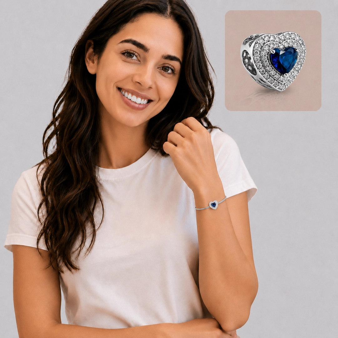 Berloque Coração com Zircônias Safira e Cristal Cravejadas