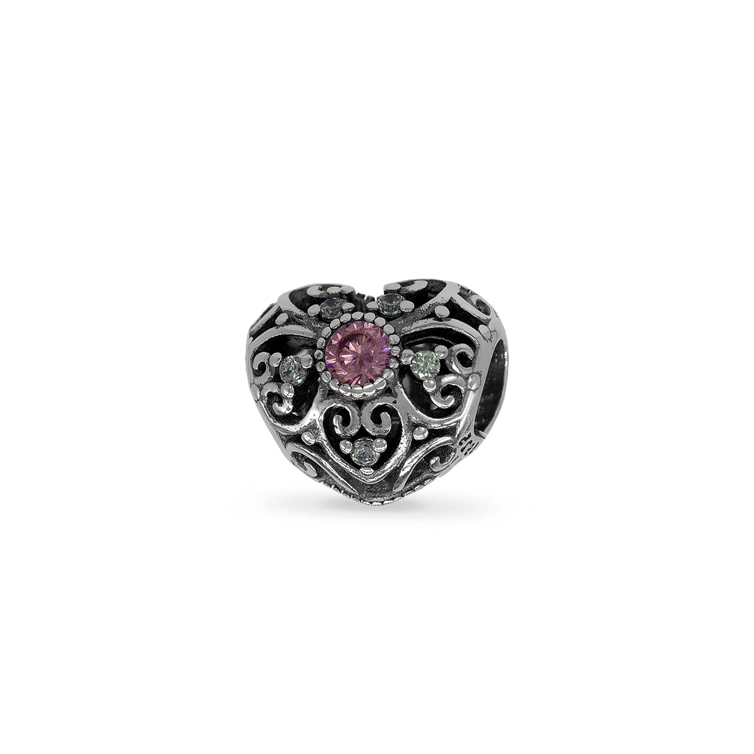 Berloque Coração Envelhecido com Zircônias Cristal e Rosa