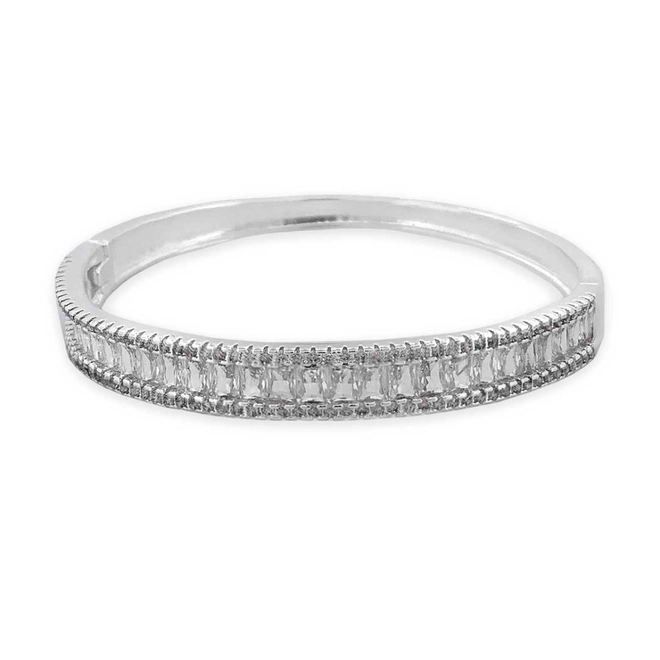 Bracelete Em Prata Leve Espelhado Com Zircônias Cristal Retangular