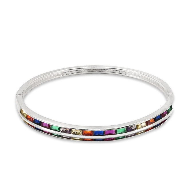Bracelete Em Prata Leve Espelhado com Zircônia Colorida Retangular