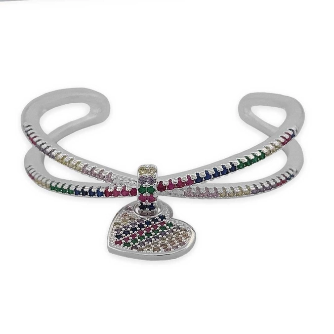 Bracelete Em Prata Leve Aberto Com Coração de Zircônia Colorida Cravejada