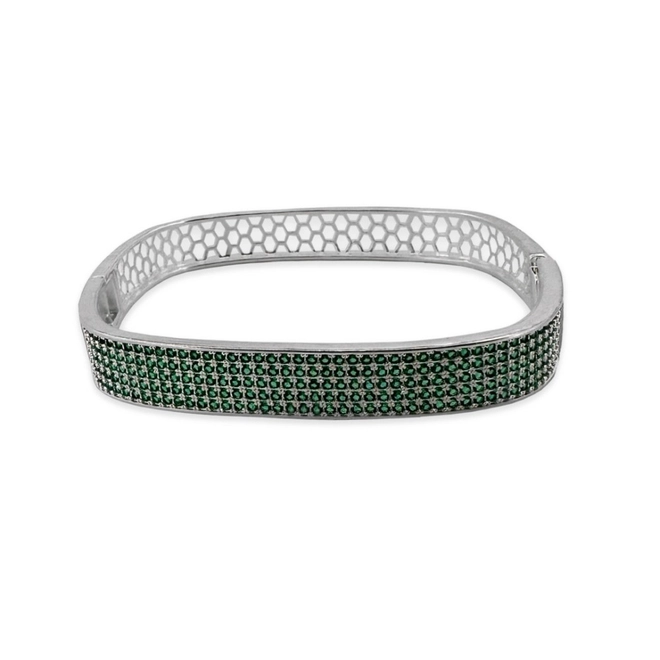 Bracelete Em Prata Leve Espelhado Quadrado com Zircônia Esmeralda