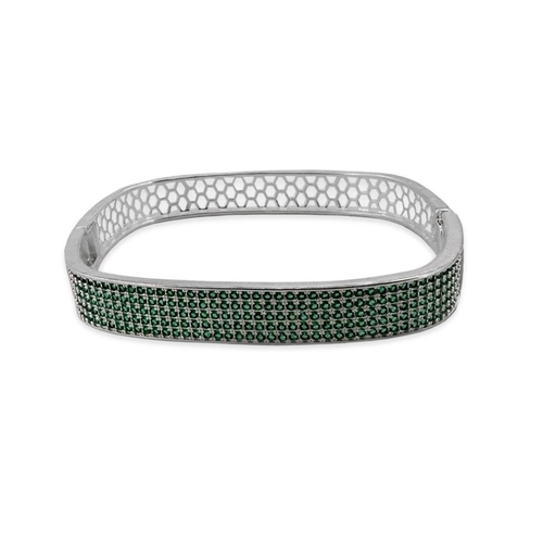 Bracelete Em Prata Leve Espelhado Quadrado com Zircônia Esmeralda