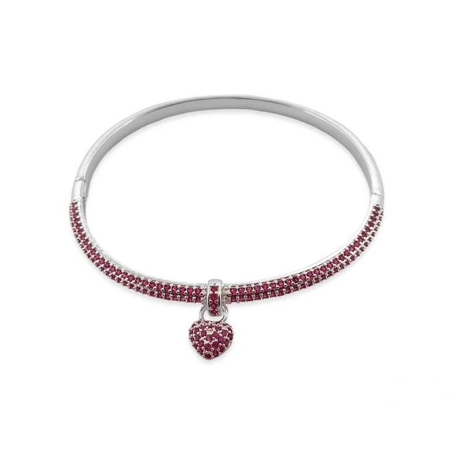 Bracelete Em Prata Leve Com Coração De Zircônia Rubi