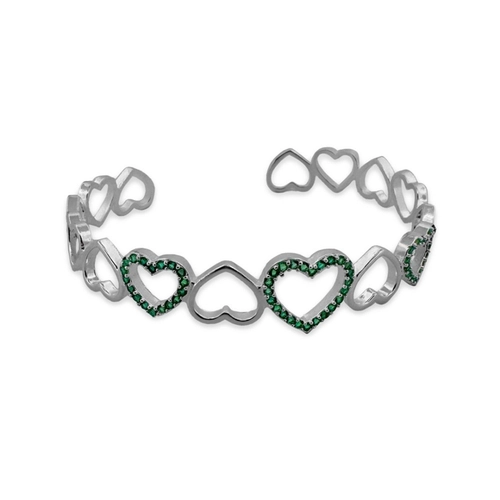 Bracelete Em Prata Leve Espelhado com Corações Vazados e Zircônia Esmeralda