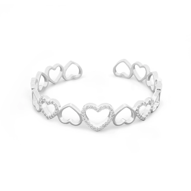 Bracelete Em Prata Leve Com Corações Vazados e Zircônia Cristal