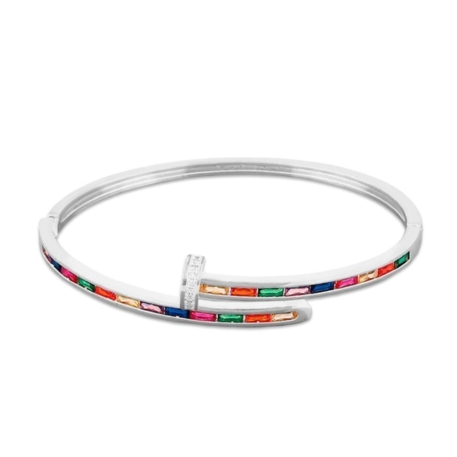 Bracelete Em Prata Leve Prego com Zircônia Colorida