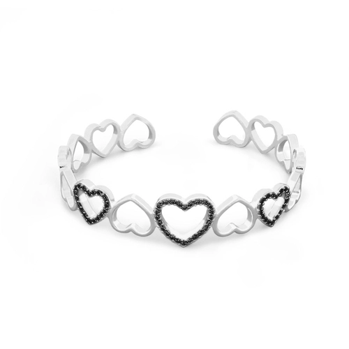 Bracelete Em Prata Leve Com Corações Vazados e Zircônias Ônix