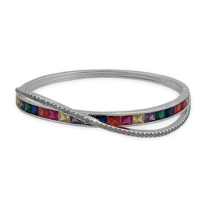 Bracelete Em Prata Leve Trabalhado com Zircônia Colorida Retangular