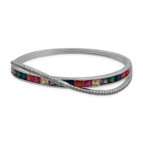 Bracelete Em Prata Leve Trabalhado com Zircônia Colorida Retangular