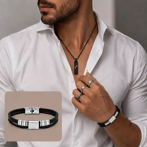 Bracelete Couro Trançado com Placa Fosca Trabalhada