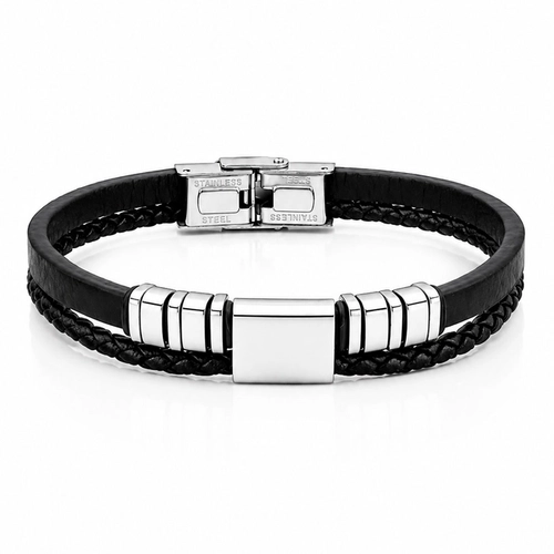 Bracelete Couro Trançado com Placa Fosca Trabalhada