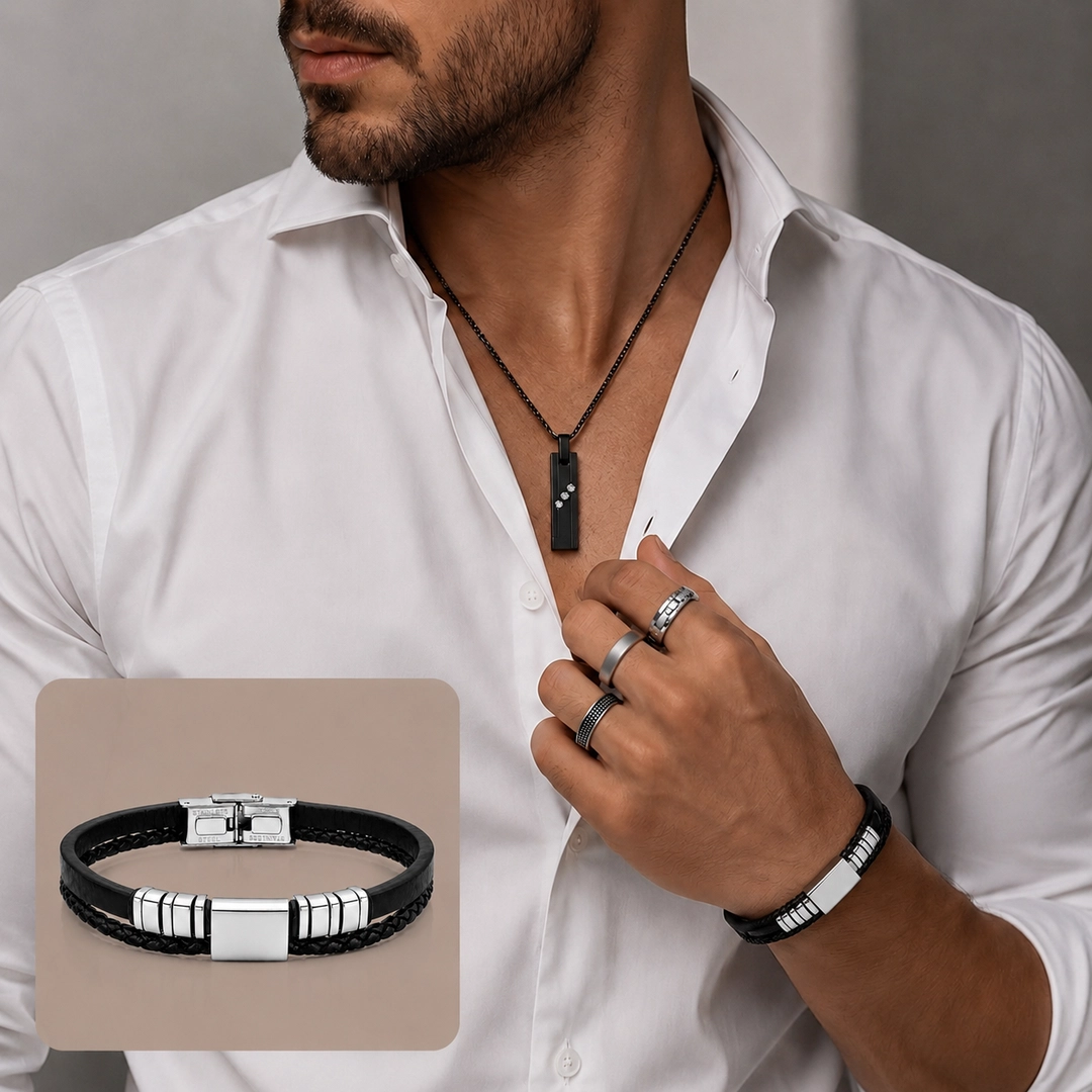 Bracelete Couro Trançado com Placa Fosca Trabalhada