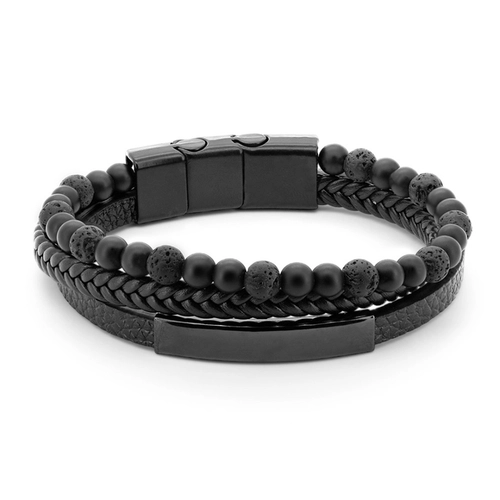 Pulseira em Couro, Três Fios com Placa Carbonada E Esferas