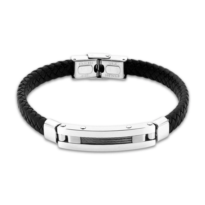 Bracelete de Aço com Couro Preto Trançado e Placa com Cabo Náutico
