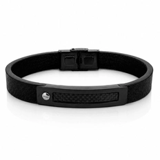 Bracelete Couro Preto com Placa Carbonada Trabalhada