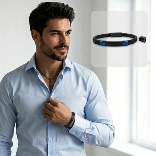 Bracelete Couro Preto Trançado com Placa Carbonada Preta e Azul