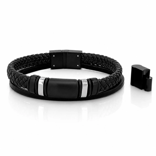 Bracelete Duplo Couro Preto Trançado com Fibra de Carbono e Cauciu