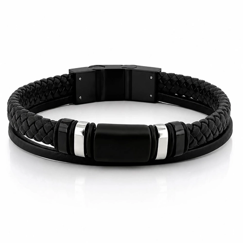 Bracelete Duplo Couro Preto Trançado com Fibra de Carbono e Cauciu