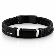 Bracelete Duplo Couro Preto Trançado com Fibra de Carbono e Cauciu