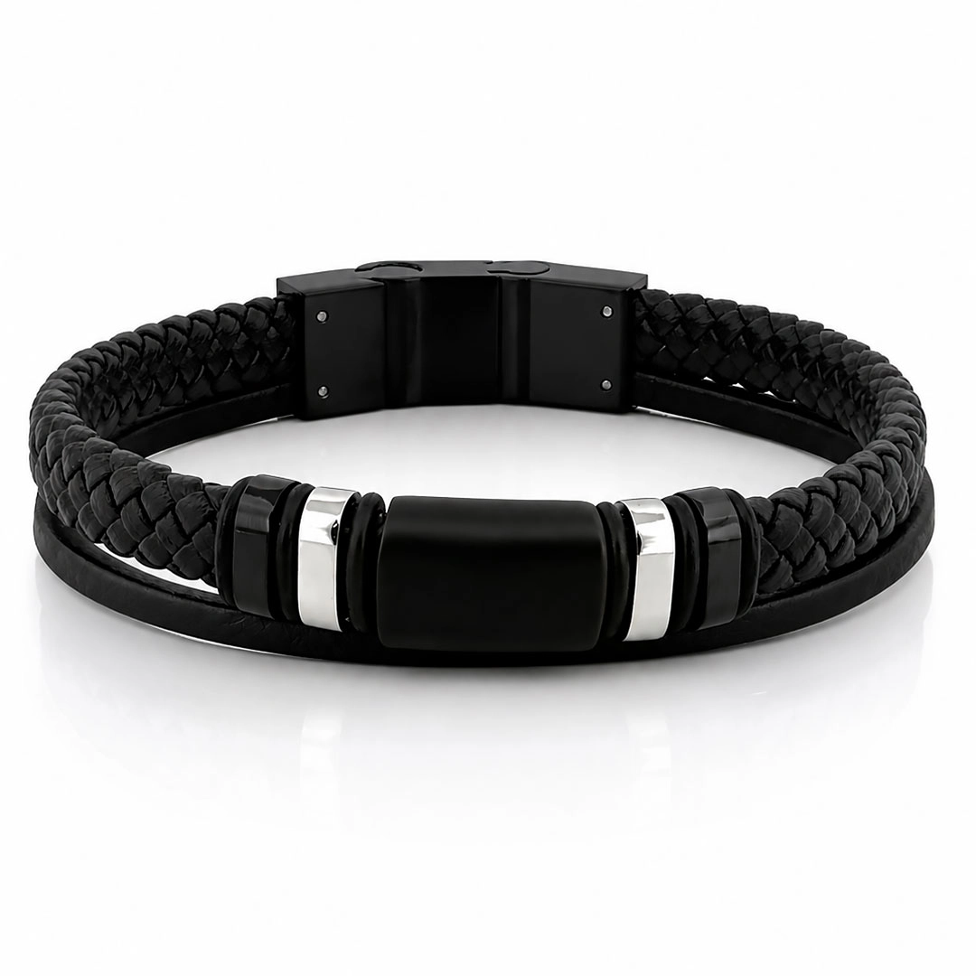 Bracelete Duplo Couro Preto Trançado com Fibra de Carbono e Cauciu