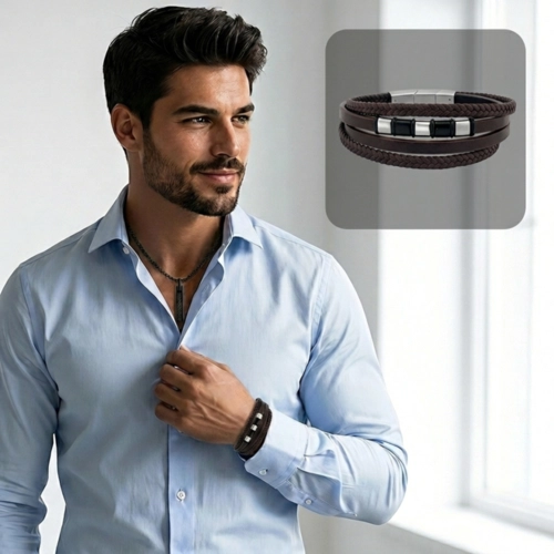 Bracelete Quatro Fios em Couro Marrom com Placa Trabalhada