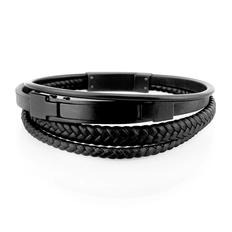 Bracelete Quatro Fios em Couro Preto Liso Trançado com Placa