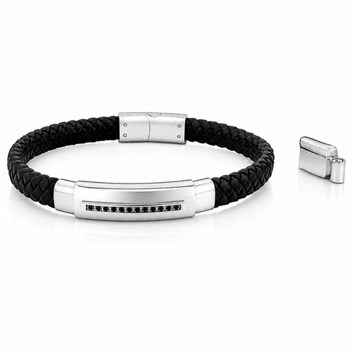 Bracelete em Couro com Placa e Zircônias Ônix