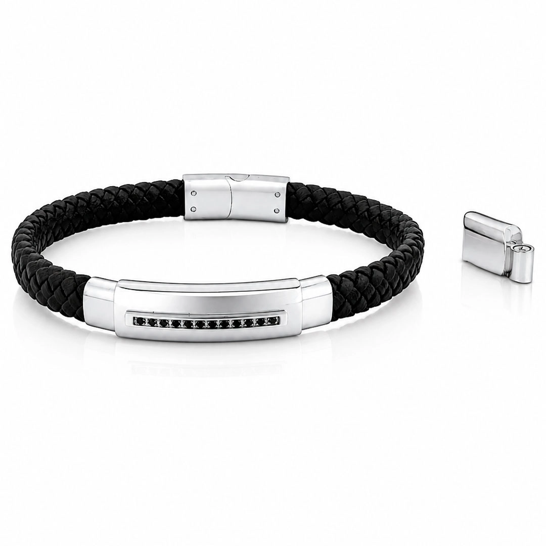 Bracelete em Couro com Placa e Zircônias Ônix