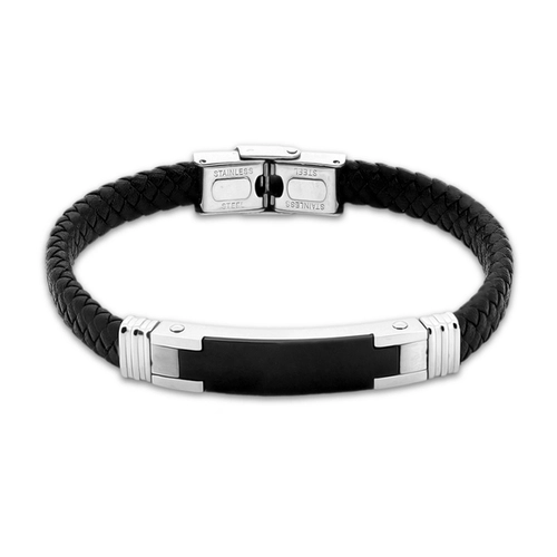 Bracelete de Aço com Couro Preto Trançado e Placa Carbonada