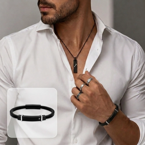 Bracelete Couro e Placa Carbonada com Zircônia Cristal