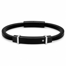 Bracelete Couro e Placa Carbonada com Zircônia Cristal