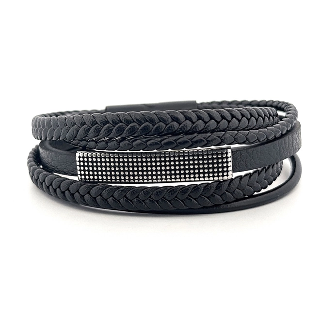 Bracelete de Aço Cinco Fios com Couro Preto Trançado e Placa Trabalhada