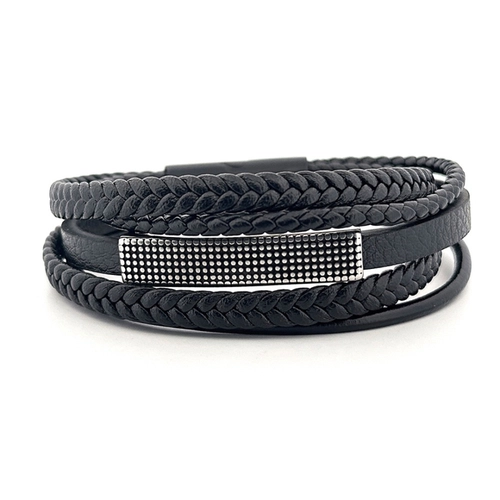 Bracelete de Aço Cinco Fios com Couro Preto Trançado e Placa Trabalhada