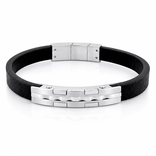 Bracelete em Couro e Placa Espelhada Trabalhada