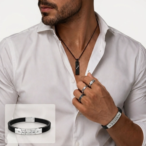 Bracelete em Couro e Placa Espelhada Trabalhada