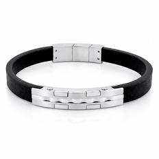 Bracelete em Couro e Placa Espelhada Trabalhada