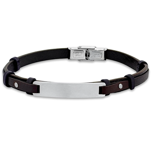 Bracelete em Couro Marrom Com Placa Fosca