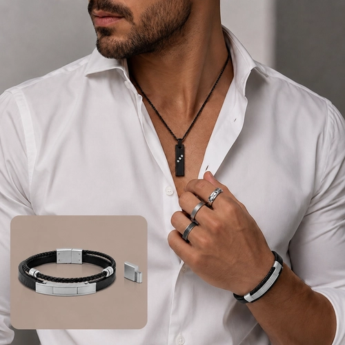 Bracelete Duplo Couro Trançado com Placa Espelhada