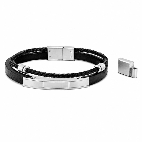 Bracelete Duplo Couro Trançado com Placa Espelhada