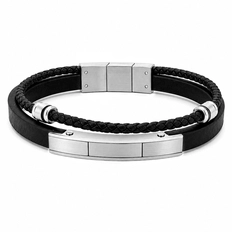 Bracelete Duplo Couro Trançado com Placa Espelhada