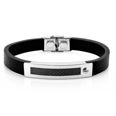 Bracelete Couro Preto com Placa e Fibra de Carbono
