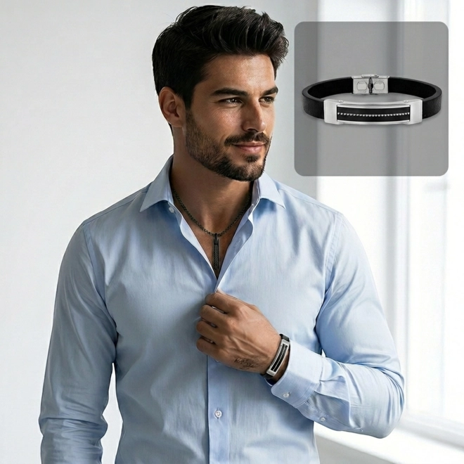 Bracelete Couro Preto com Placa Espelhada e Fibra de Carbono